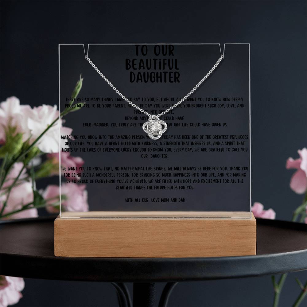 To my beautiful daughter-Acrylic plaque with Love Knot necklace